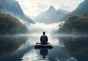 Individual meditating by tranquil lake surrounded by mountains at sunrise