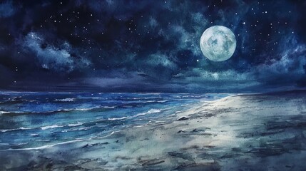 Fototapeta premium Beautiful landscape of a beach at night with a big moon made in watercolor generative ai