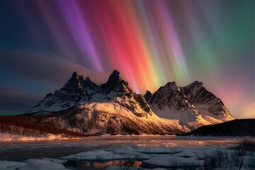 A landscape view of snow covered mountains with aurora borealis in the night sky above them all around it