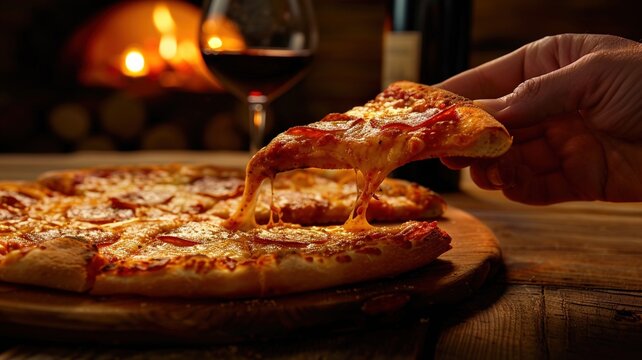 Delicious pepperoni pizza being served from a wooden board, with melted cheese stretching, accompanied by a glass of red wine and a cozy fireplace in the background - Powered by Adobe