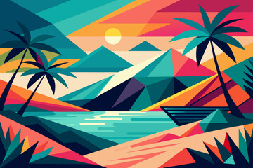 Vibrant Geometric Tropical Sunset Landscape Illustration