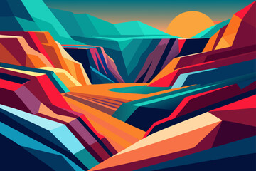 Vibrant Geometric Landscape Sunset over Colorful Canyon