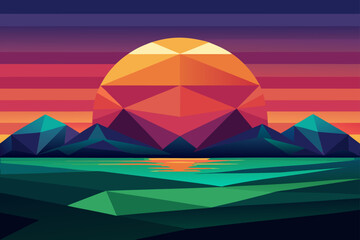 Geometric Sunset Landscape Low Poly Mountains and Ocean