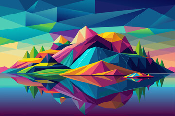 Vibrant Polygonal Landscape Colorful Mountain Island Reflection