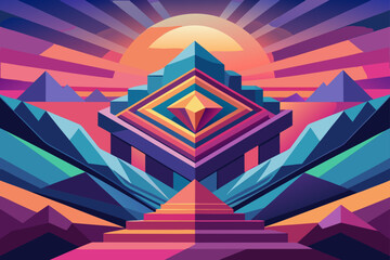 Vibrant Geometric Sunset Landscape Abstract Digital Art