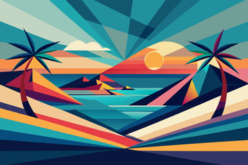 Vibrant Geometric Tropical Sunset Landscape Illustration