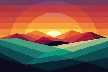 Geometric Sunset Landscape Vibrant Low-Poly Mountain Range Illustration