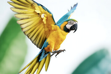 A vibrant blue and yellow macaw in mid flight against a blurred background with green foliage visible