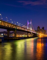 Fototapeta premium Illuminated bridge at night over water (1)