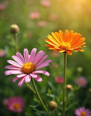 Obraz premium Sunlit meadow displays vibrant pink and orange daisy flowers in bloom. Soft green background with blurred bokeh effect. Captures summer season beauty, nature, and floral garden vitality.