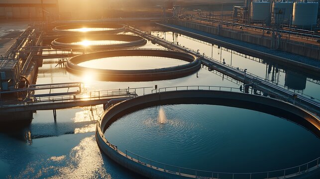 Water treatment plant with circular sedimentation tanks at sunrise wastewater facility photo