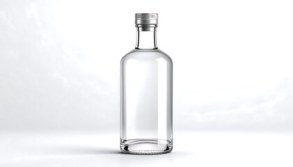 Empty clear glass bottle with metallic cap.