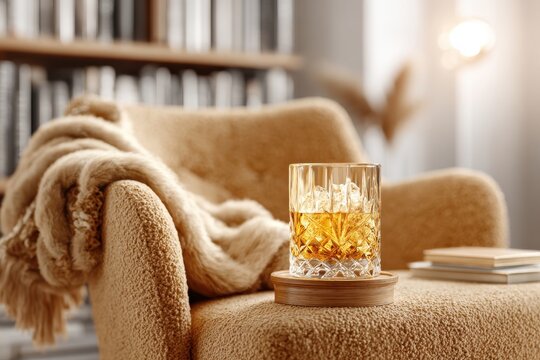 A cozy armchair scene with a glass of whiskey, ice, and a soft blanket.