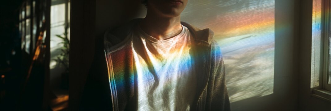 Soft light streams through window, casting a vibrant rainbow prism across a white-clothed figure standing in a dimly lit, contemplative interior space
