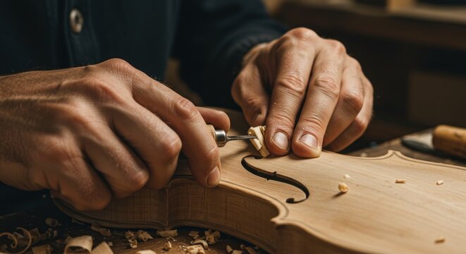Violin maker carving wood with a tool