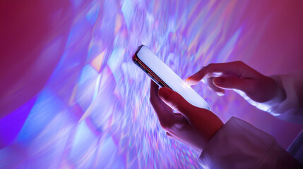 Hand Holding Smartphone in purple Neon Light abstract background