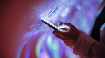 Hand Holding Smartphone in purple Neon Light abstract background