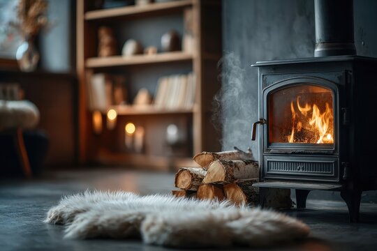 Cozy wood-burning stove with flickering flames and logs, creating a warm ambiance.