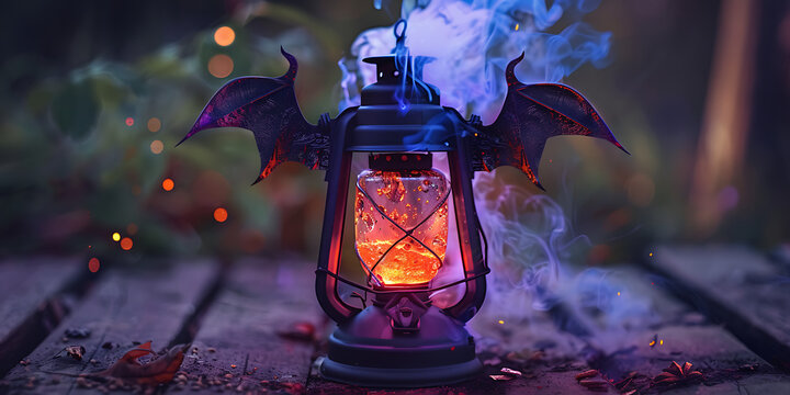 "Fantasy Lantern with Glowing Light and Smoke Against a Mystical Forest Backdrop"