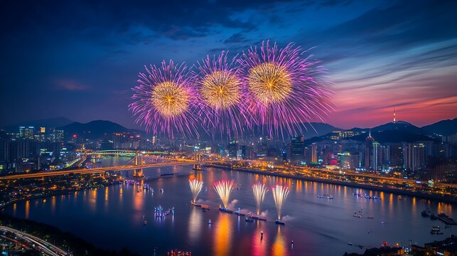 City skyline illuminated by vibrant fireworks over river at night image photo