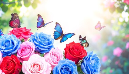 Vibrant roses and colorful butterflies fill a springtime bouquet, showcasing a beautiful, cheerful scene.