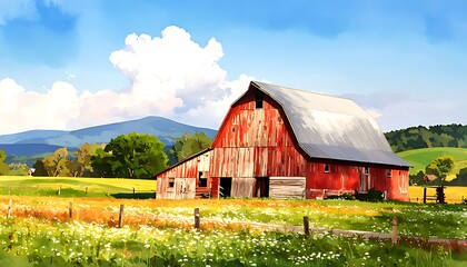 Obraz premium Scenic countryside landscape with a red barn.