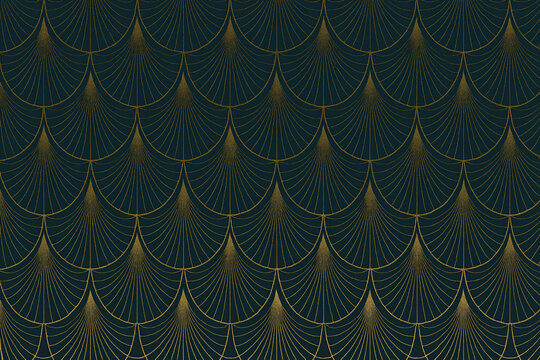 Fototapeta Dark Green Art Deco Fan Pattern with Golden Lines for Vintage Luxury Wallpaper, Elegant Background, or Stylish Decorative Surface Design