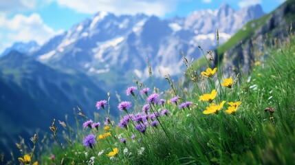 Obraz premium wildflowers among the beautiful and large mountains generative ai