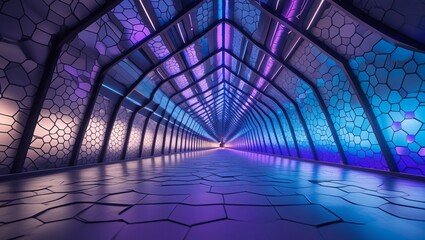 Futuristic Neon Tunnel Abstract Architectural Design with Purple and Blue Lighting Abstract Background