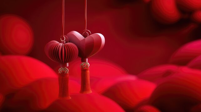 Two traditional red heart shaped lanterns with tasseled ends hang gracefully against a deep red, soft focus background, celebrating love and tradition on Valentine's Day in China. - Powered by Adobe