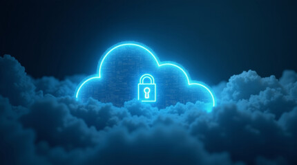 Glowing blue outline of padlock icon embedded within stylized digital cloud, symbolizing cloud computing security, data protection, and secure online services amidst digital environment