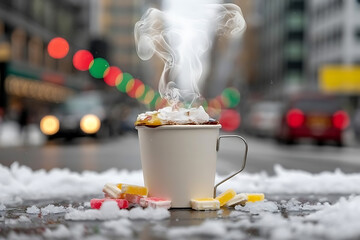 A steaming mug with whipped cream and candies on snow covered street with blurred city background view