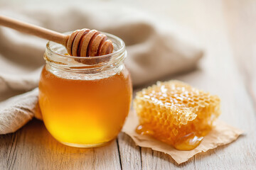 Honey and honeycomb displayed on a wooden table with soft natural light in the background