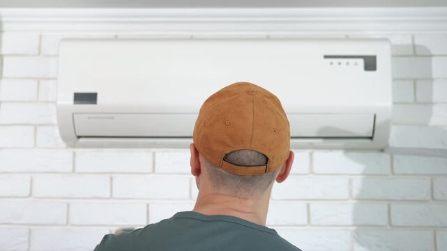 Press button by the broken conditioner. A view of man press the button on the controller to turn on the air conditioner in the room