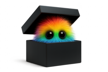 Colorful furry monster peeping out of black gift box with transparent background