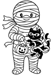 Obraz premium Black and white vector cartoon mummy holding black cat and pumpkin basket, perfect for engraving, prints, tattoos, Halloween projects