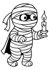 Black and white vector cartoon mummy walking with candle, perfect for engraving, prints, tattoos, Halloween and creative projects