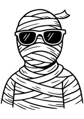 Black and white vector cartoon mummy portrait wearing sunglasses, ideal for Halloween engraving, prints, tattoos, and creative projects