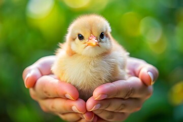 A cute baby chick held gently in human hands with blurred background