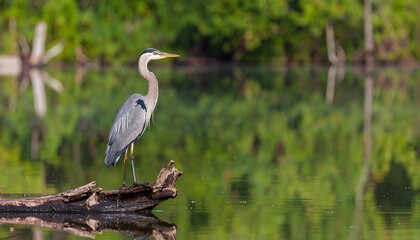 Heron on log, tranquil water
