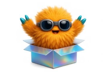 Cute furry orange monster wearing sunglasses and raising hands inside a holographic box on transparent background