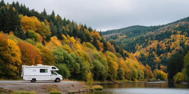 Campervan driving on the country road in natural park. Vacation and tourism concept.
