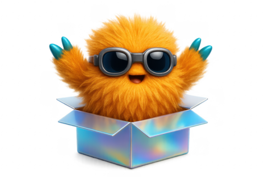 Cute furry orange monster wearing sunglasses and raising hands inside a holographic box on transparent background - Powered by Adobe
