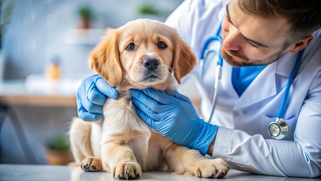 Veterinarian examining a cute golden retriever puppy at the veterinary clinic