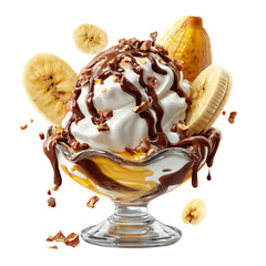 banana split dessert with melting ice cream and chocolate drizzle
