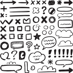 Black sketch marker-style icon set  arrows, bubbles, check marks, stars, boxes, and emphasis symbols  suitable for web apps, digital printables, and educational worksheets