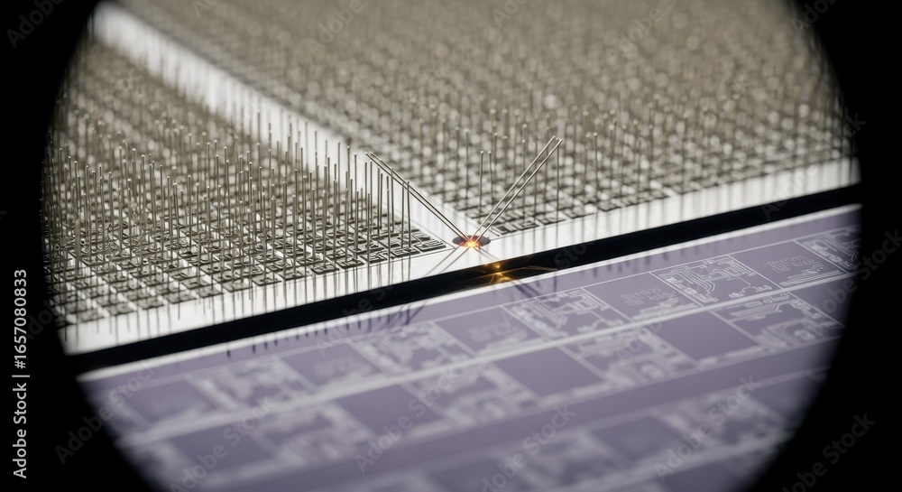 Poster view through optical microscope capturing microelectrode bonding on silicon wafer intended for brain