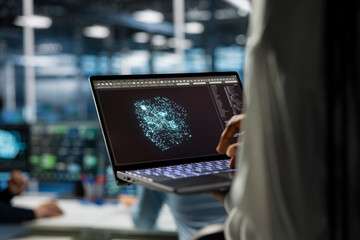 Close up of server hub worker optimizing performance through AI assistant analysis. Data center...