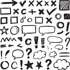 Creative hand-drawn UI doodle icons  includes arrows, highlights, symbols, checkboxes, clouds, and speech boxes  great for planners, slides, school sheets, and design assets