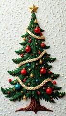 Intricate stitched Christmas tree, gold thread accents, handmade, ornament, seasonal